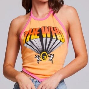 Chaser The Who Band Graphic Groupie Orange and Pink Halter Tie Back Tank Top
